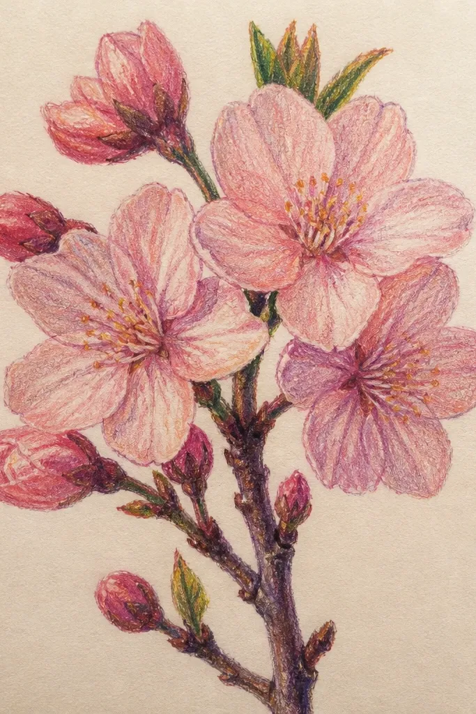 A cream sheet with one thin branch curving left to right. Multiple cherry blossom clusters look like soft peach puddles with tiny white gaps. The centers are pale gold dots, and the background is mostly untouched paper.