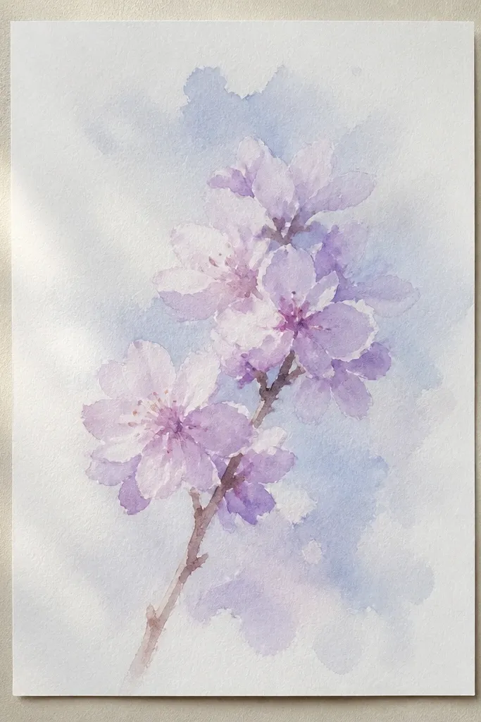A pale powder-blue wash background with a bare, fine branch drawn in cool gray. Blossoms appear as lilac clusters with soft edges and faint white highlights. The overall scene feels airy, with lots of negative space around the blossoms.