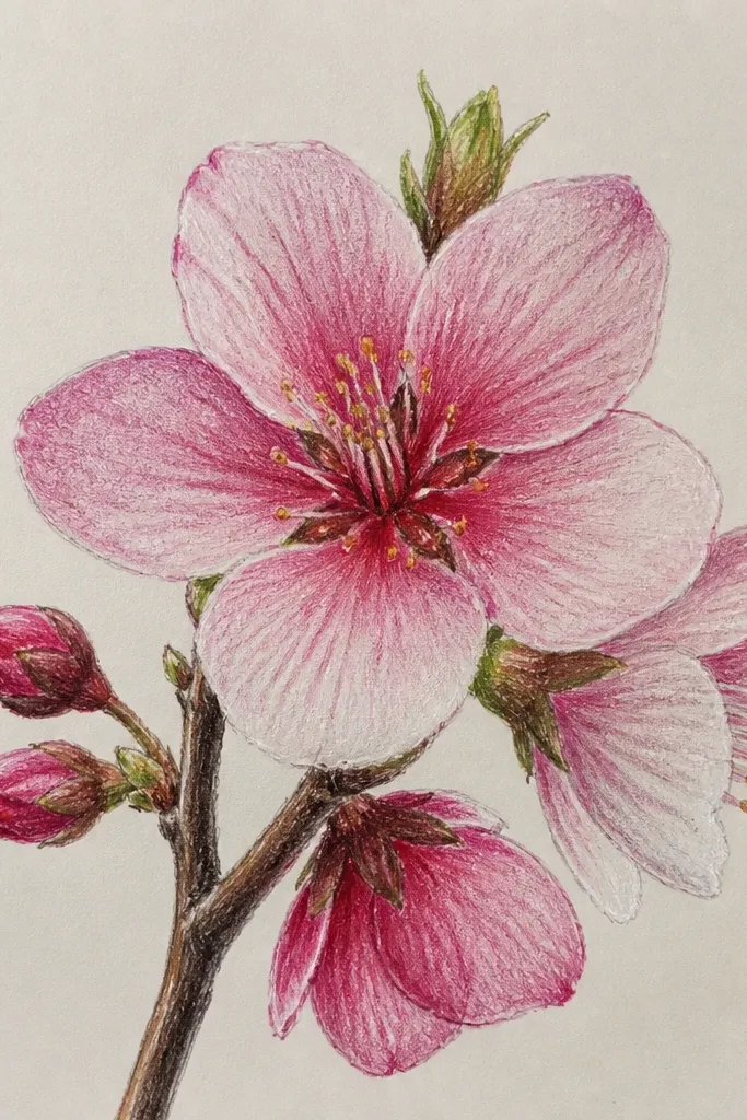 A branch with blossoms where each petal shows a clear gradient: light pink at the top and deeper rose toward the bottom. The centers are pale and small. Highlights are left as white slits within each petal.