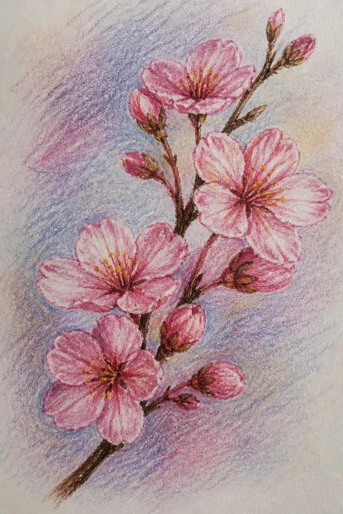 A branch enters from the bottom-left corner and rises upward, with blossoms clustered near the middle. The rest of the page stays mostly blank, creating a frame-like feel. Petals are soft pastel pink with light lavender shadows.