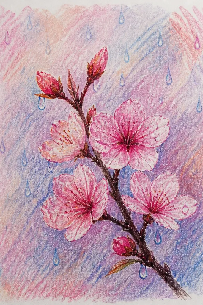 A light pink wash background with soft blossom clusters above. Small white streaks and dots fall like rain, with tiny sparkle highlights near petals. The branch is thin and slightly darker than the blossoms.