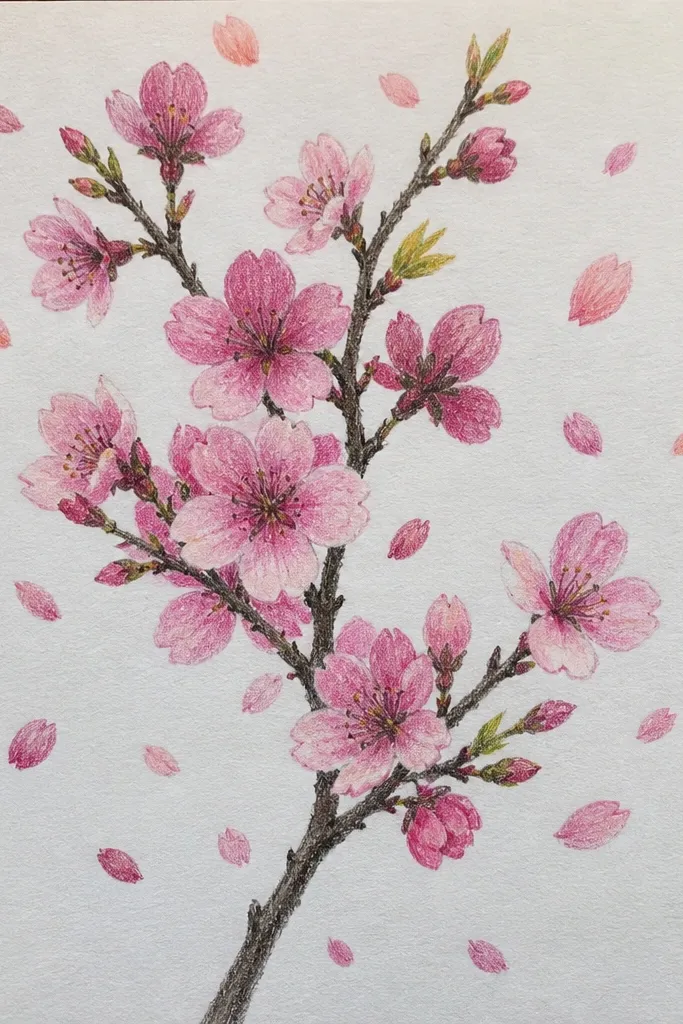 A minimal branch drawn in pale gray-green with a few blossoms. The majority of the page has floating petal confetti - small five-petal shapes in light pink and blush scattered around.