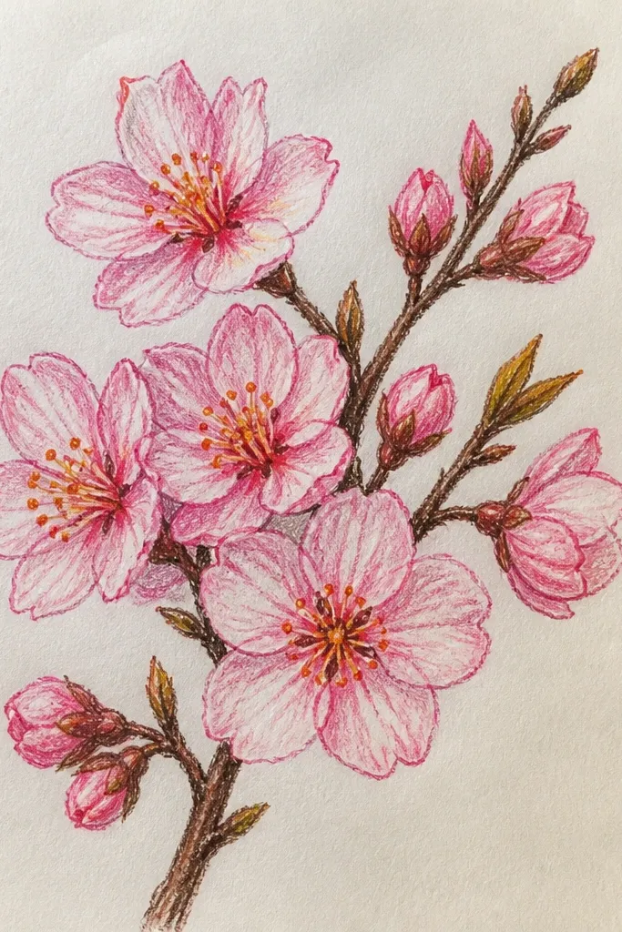 A branch with blossoms shaped like soft rosettes. Petals are cupcake pink with a tiny warm amber center. The shading is gentle, and the background is a light beige wash.