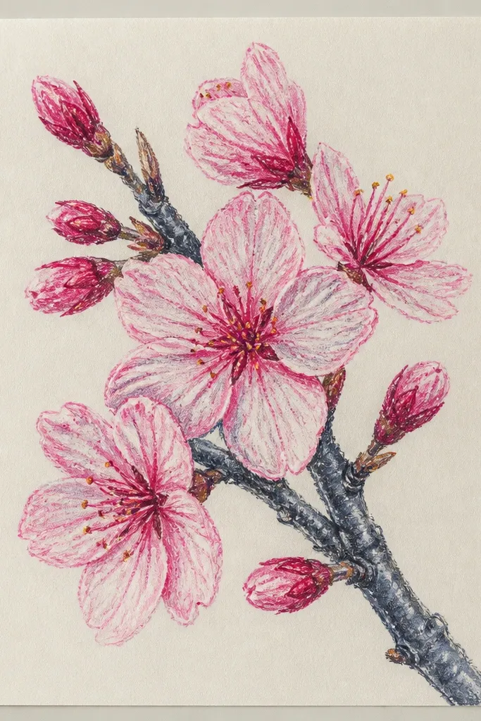 A cool gray branch with blossoms that have rose shadows. The petals are pale and the lower edges show a slightly darker rose, while the background stays white.