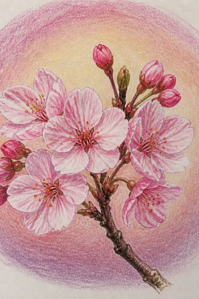 A white page with a branch and blossoms. Behind the blossoms is a soft halo of pale pink and lavender blending outward like a fog. Petals stay brighter than the background.