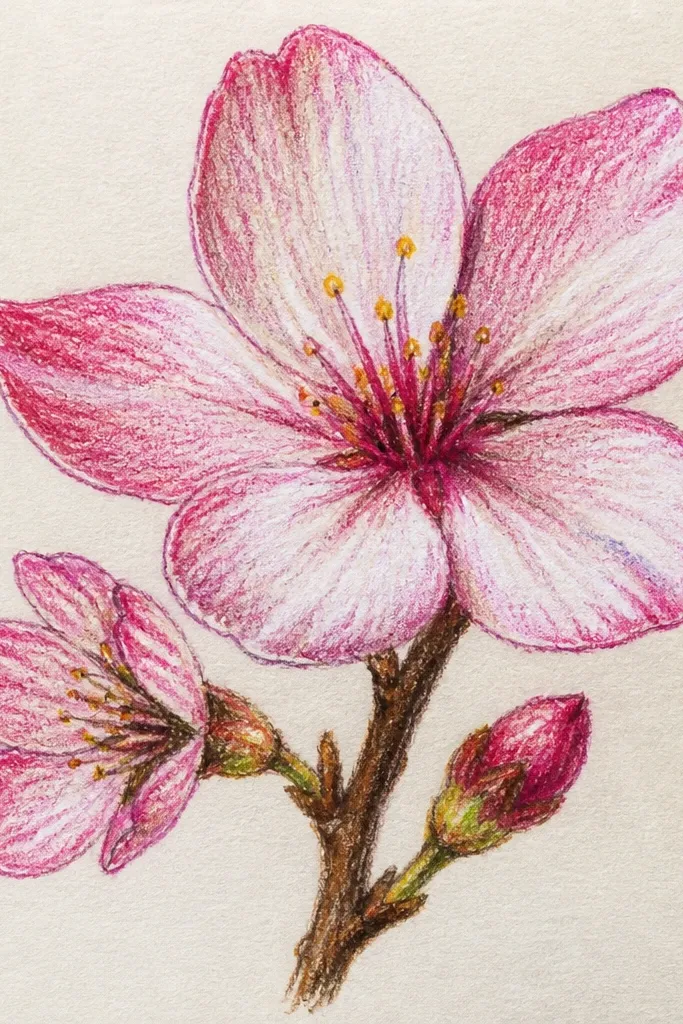 Petals are drawn in pastel pencil, then lightly softened with a water brush. The blossoms look like watercolor but with crisp petal edges. The branch is dry pencil, darker than the wet petals.