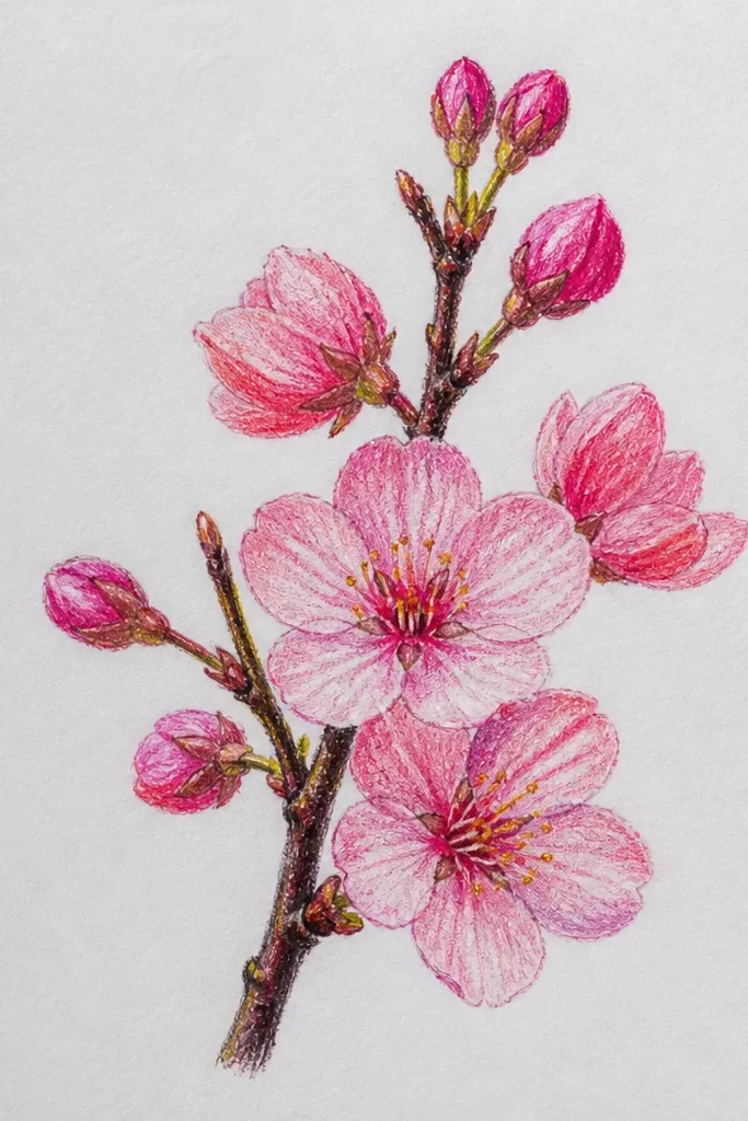 A branch with a mix of closed buds and open blossoms. Buds are small teardrops in pale green and blush. Open blossoms show layered petals in soft pink with white gaps.