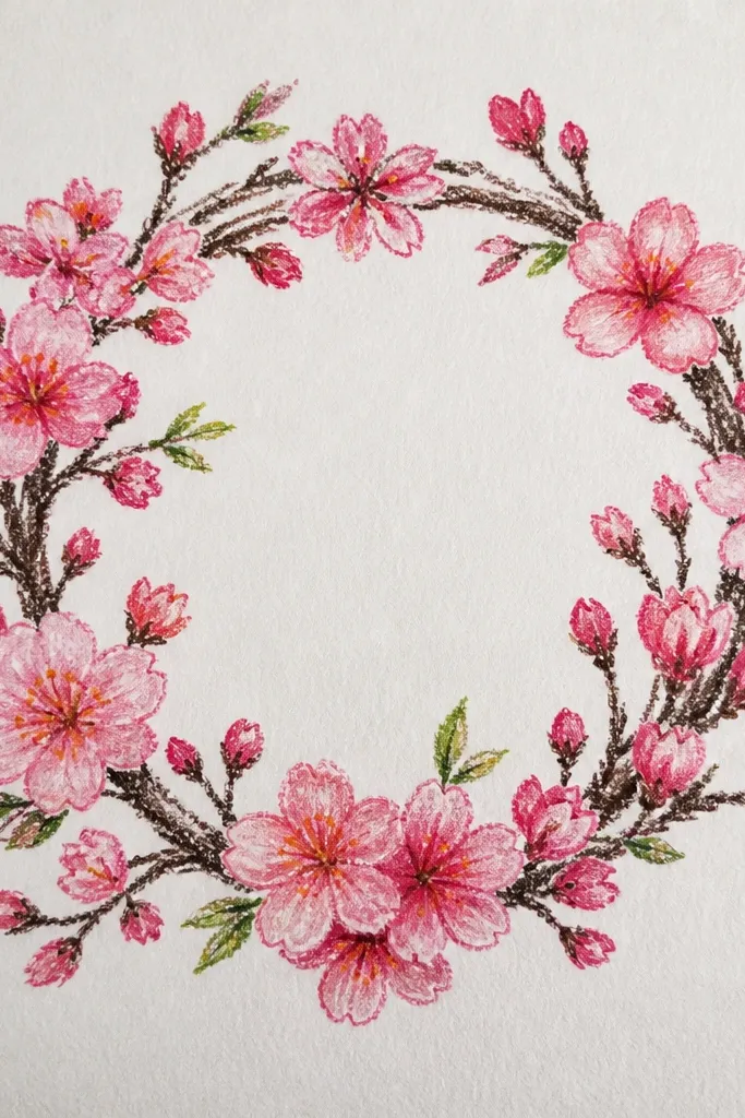 A circular wreath made of branches and blossoms floating on a white page. Petals are soft pastel pink with lavender shading. The circle is airy with many blank gaps inside the wreath.