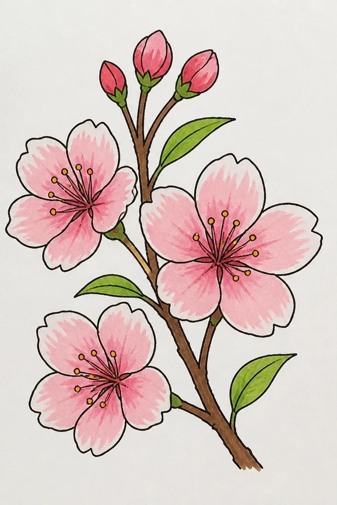 A vertical marker drawing of a single cherry branch. The blossoms are small and airy, filled with pale blush at the top petals, mid rose in the overlapping areas, and a tiny touch of deeper magenta near the petal bases. The branch is thin and slightly curved, with a few small buds in warm brown.