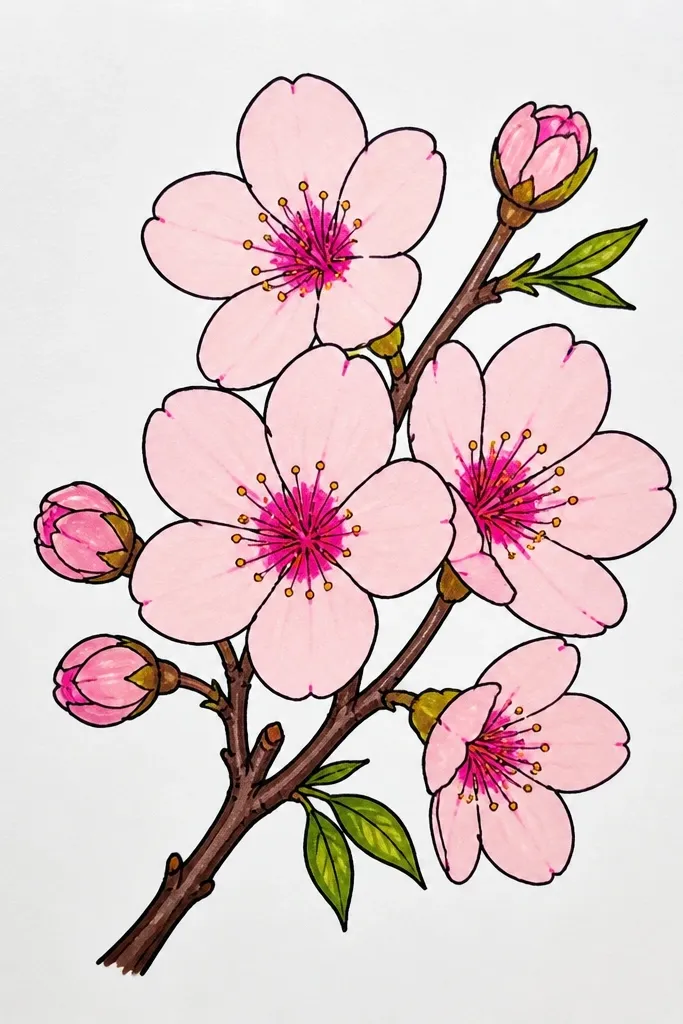A cherry blossom branch where each flower has a bright fuchsia center. Petals fade outward into lighter pink, with crisp white highlight gaps left uncolored near the top of each petal. The branch is drawn in cool gray with tiny specks of ink.