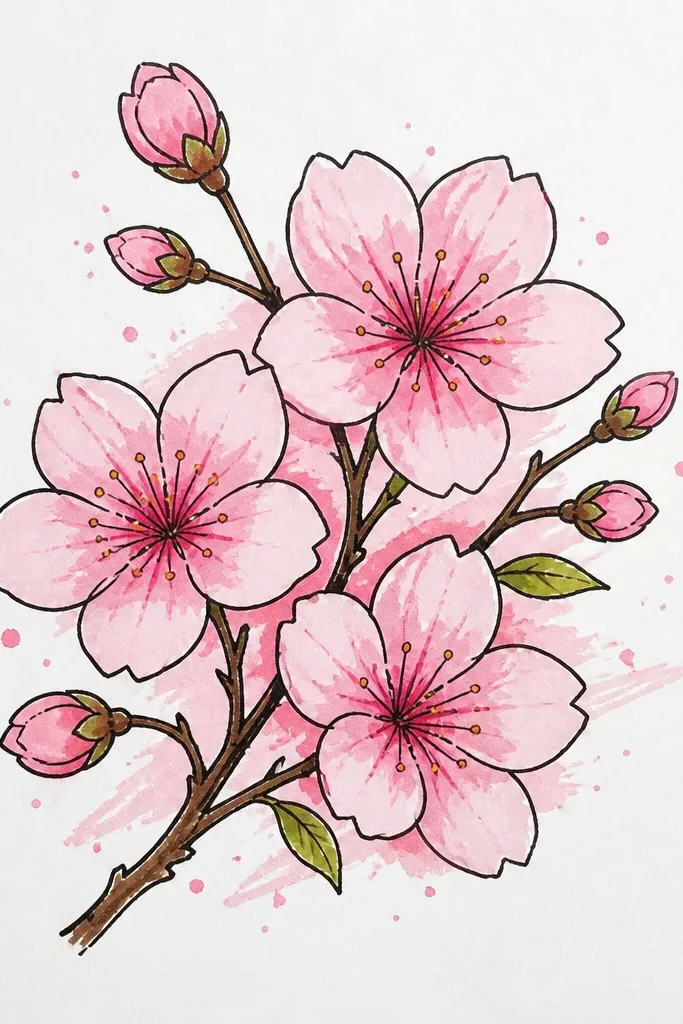 A soft cherry blossom scene with a faint branch line. Blossoms are pale pink with uneven edges like watercolor. Around the blossoms there are tiny marker splatters in light pink and a few dots in deeper magenta, giving a misty spring feel.