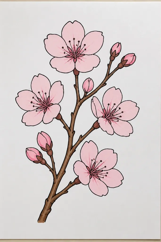 A black-and-pink toned drawing where blossoms are mostly one muted rose color with subtle gray shading. The branch is sepia brown with tiny twig lines. Some petals are left lighter, showing paper tone, and shadows are done with cool gray.