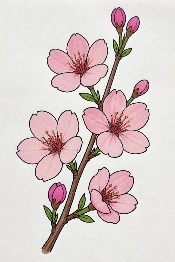 A cherry blossom branch drawn over a soft pastel sky background. The background is a pale blue and lavender wash made with markers. Blossoms are mostly left white except for light pink shading on the petals, creating a dreamy contrast.