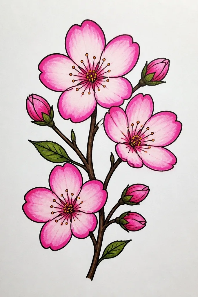 A bold cherry blossom drawing with thick-ish hot pink outlines around each petal. Inside each petal, the color fades from deeper magenta at the base to lighter pink toward the top. The branch is darker brown with crisp linework.