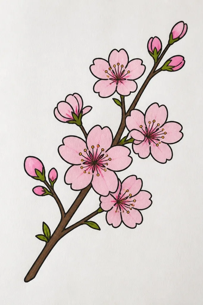 A diagonal twig running from bottom left to top right covered with tiny five-petal blossoms. Each blossom is a mini dot-flower with a light pink top and deeper pink shadow. There are no big clusters, just scattered blooms like confetti.