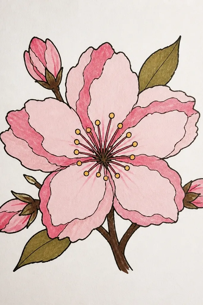 Blossoms that look like layered cut paper. Petals have marbled edges with two pink tones blending unevenly, and each blossom sits above a slightly darker petal shadow. The branch is thin and understated, almost sketch-like.