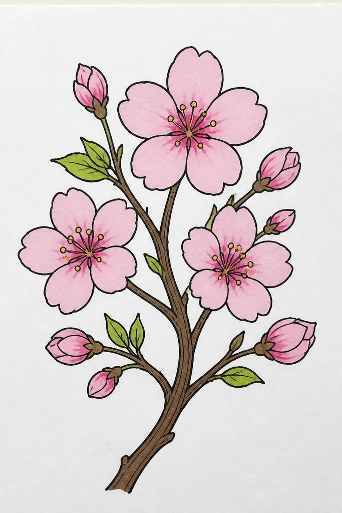 A narrow border around the edge of a page. The top and sides have small cherry blossoms spaced evenly, with a thin branch line looping gently. Petals are pale pink with small magenta shadows, and tiny leaves are drawn as simple curved lines.