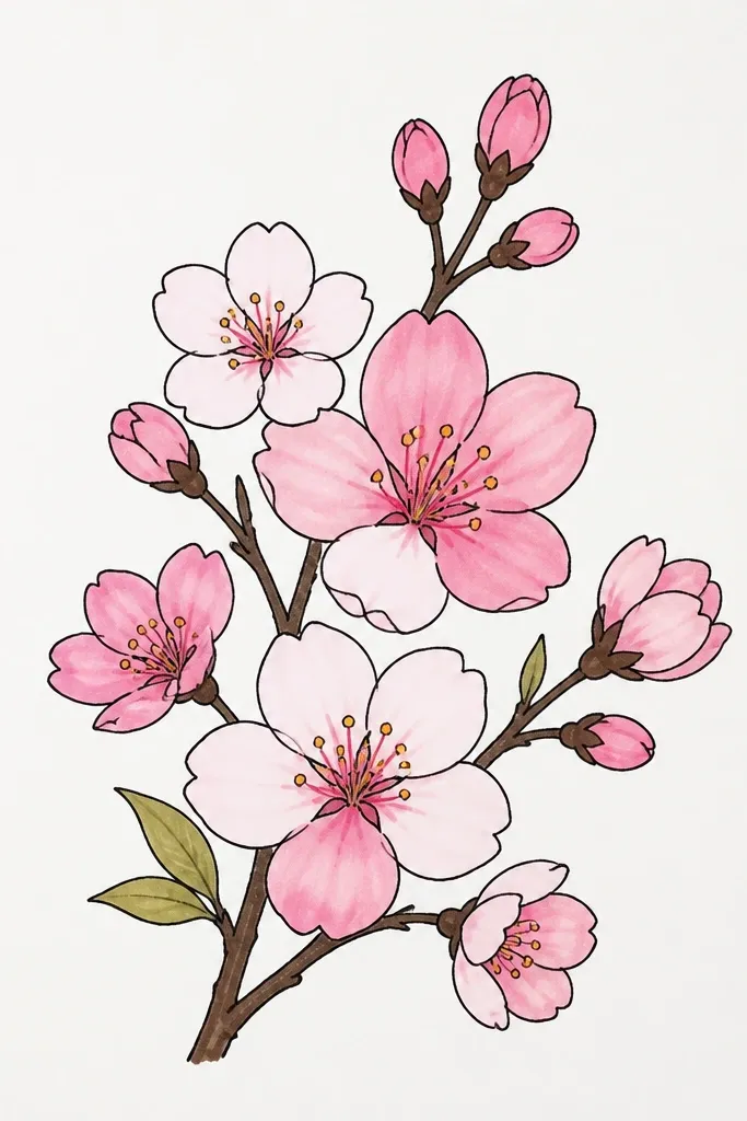 A curtain-like arrangement of blossoms fading from large on the bottom to smaller near the top. Petals use two tones: pale pink and deeper rose, with a clear gradient in size and density. The branch line is minimal, almost like a guideline.