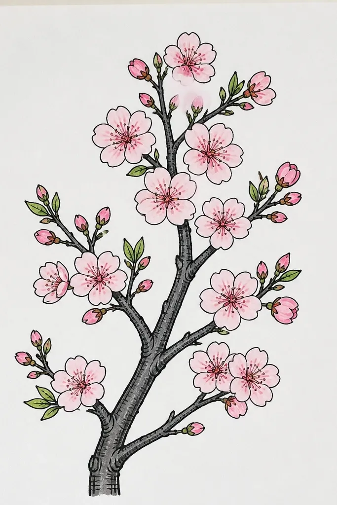 A branch drawn with a gray marker that looks textured, like charcoal. Blossoms are mostly pale pink with mid rose shadows, and the petals have slightly uneven edges. The background is plain white.