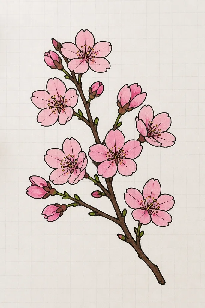 A drawing that looks like it sits on graph paper. There are faint grid lines in light gray, and a cherry blossom branch runs through the grid. Blossoms are pale pink with magenta shadows, and the branch crosses the squares cleanly.
