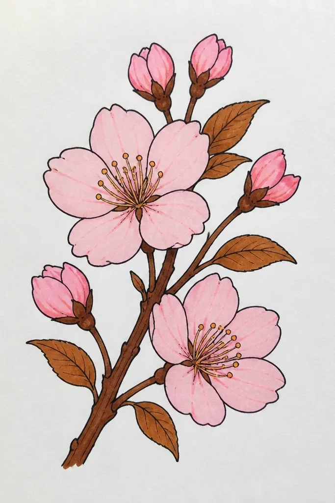 Cherry blossoms outlined in warm brown like a gold pen effect. Petals are filled with pale pink and a hint of peach, with deeper rose shadows at the base. The branch is also warm brown with fine, hairline strokes.