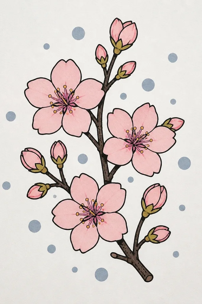 A cherry blossom branch with blossoms in pale pink and magenta shadows. Behind it, there are scattered blue-gray dots and small short dashes like rain. The branch is drawn in cool gray, and the whole scene feels misty on white paper.