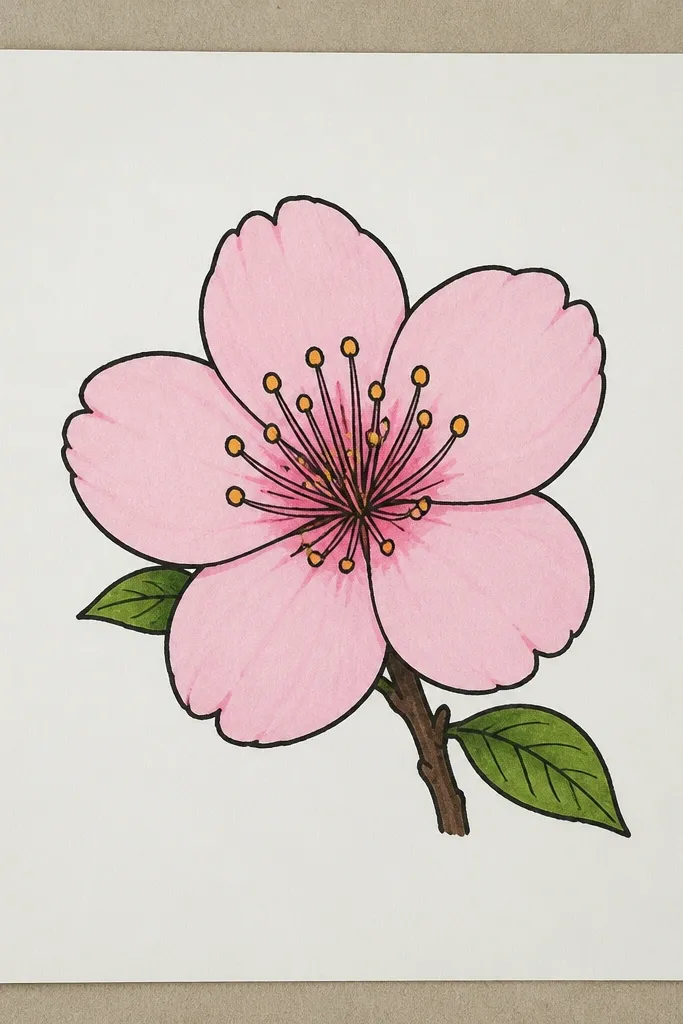 A close-up cherry blossom filling most of the page. Petals overlap heavily, with clear shadow bands at each overlap. The outer petals are light pink, the inner petals are deeper rose, and the very center has a darker magenta glow. The branch is just a small twig at the edge.