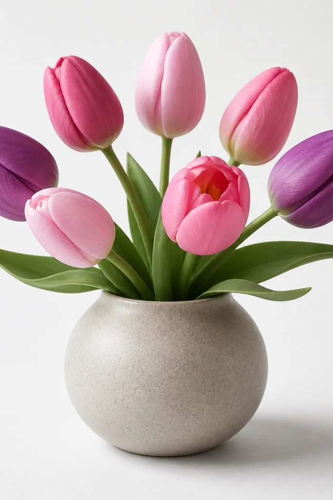A simple bouquet of 7 tulips in a squat, rounded vase. The tulips are drawn as folded teardrop cups, with one tulip slightly turned toward the viewer. Stems curve inward toward the center, and a soft gray shadow sits under the bouquet on white paper.