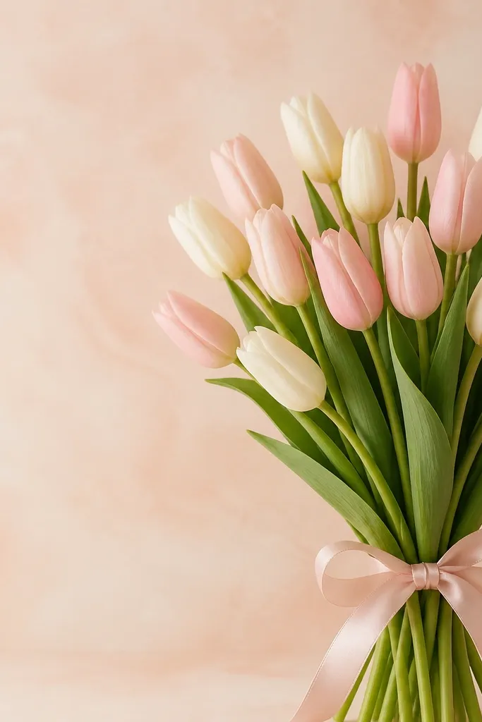One main tulip bouquet tied with a ribbon on the right side. The tulip cups are tall and narrow, with a small bow drawn in two loops. Stems are thin and slightly arched, and the background has a faint wash of pastel peach.