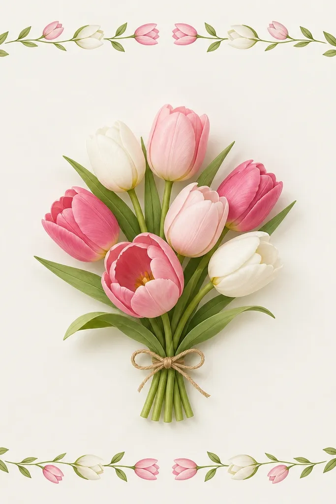 A rectangular card border made of small tulips and leaves, with a larger bouquet in the center. The border tulips are simplified with two petal lines each, while the center tulips have more detail. The frame is clean and symmetrical.