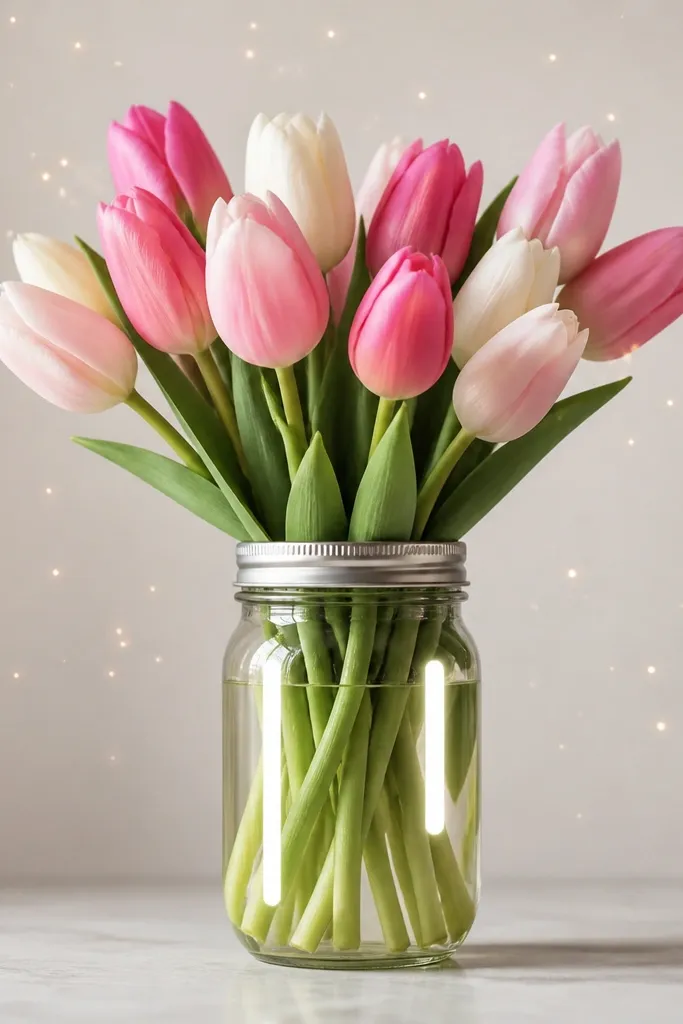 Tulips inside a mason jar drawn with two vertical highlights on the glass. The jar has a simple lid band, and the background includes scattered tiny sparkle dots around the bouquet.