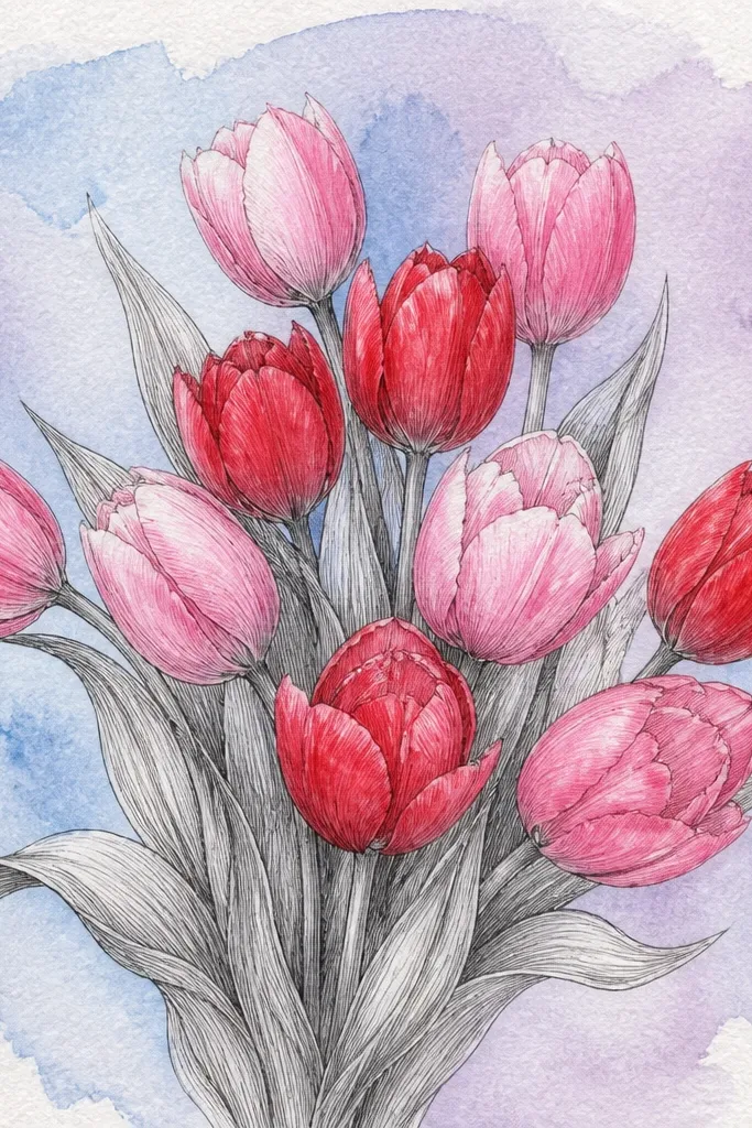 A tulip bouquet drawn in pencil and fineliner, with a loose watercolor wash behind it in pale blue and soft lavender. The tulips are red and pink, and the background wash has visible paper texture.