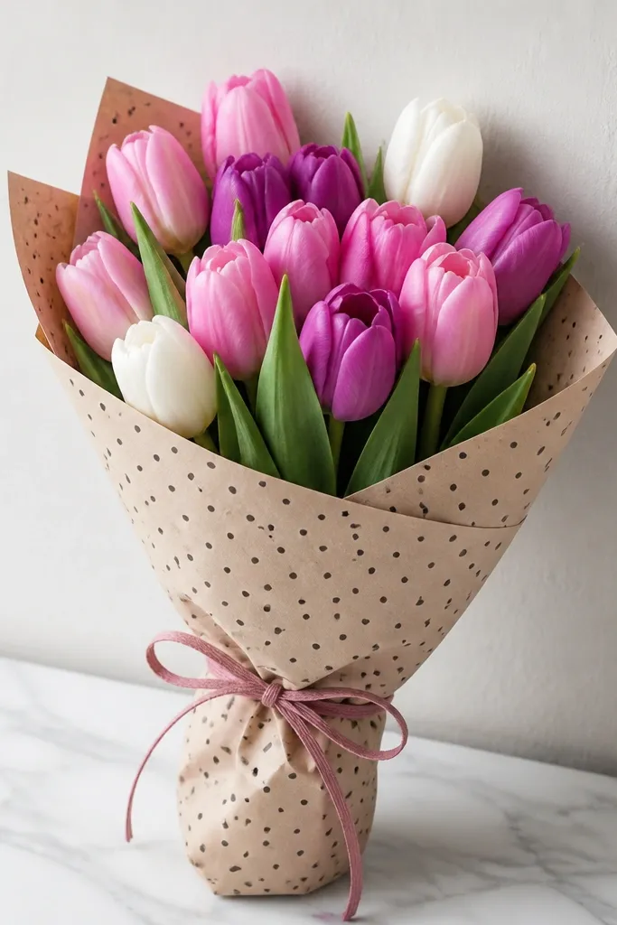 A bouquet wrapped in paper with a repeating dot pattern and a simple bow. The tulips are drawn with bold outlines and the wrapping paper shows small circles in darker ink.