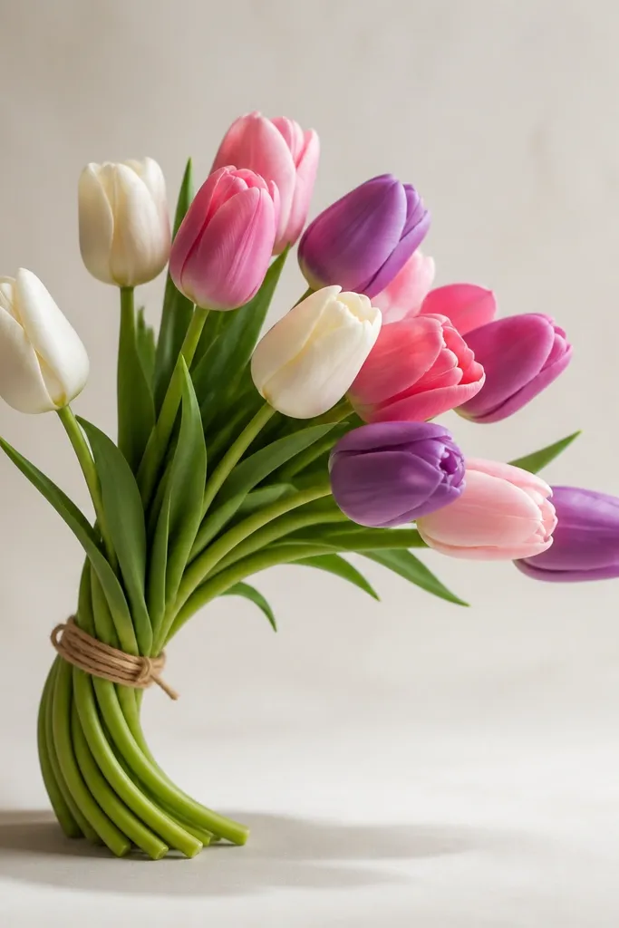 A tulip bouquet drawn from a slight side angle. Stems curve in an S-shape, and the tulip cups show one petal fold line each. A soft shadow follows the stem curve on the ground line.