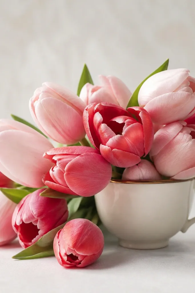 Tulips spilling out of a small teacup with a visible handle on the right. The cup has a simple rim and a light gray shadow under it. The tulips are drawn with soft blush and red tones.