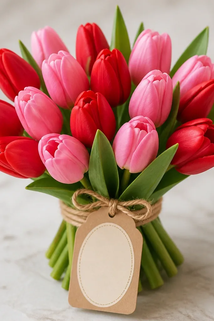 A tulip bouquet with a hanging gift tag at the bottom center. The tag has a blank oval area for writing. Tulips are red and pink with a few green leaves around the stems.