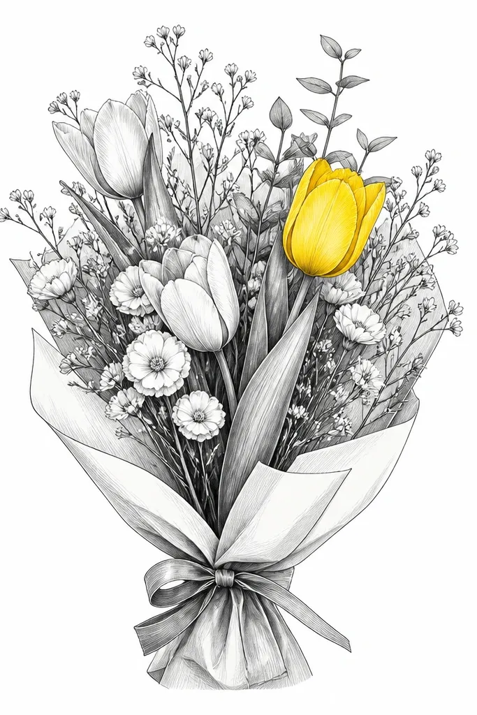 A bouquet drawn in gray pencil and black fineliner, with only one tulip colored bright yellow. The vase or wrap is shaded in monochrome, and the background is plain white.