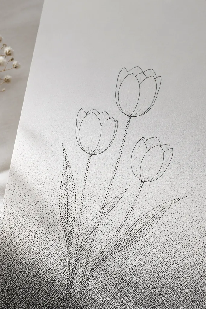 Tulip cups drawn with thin lines, stems made of small dot clusters instead of continuous lines. The background has a soft pointillism gradient made of tiny dots from light to darker gray.