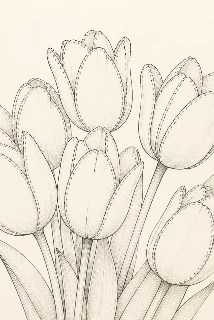 A tulip bouquet outlined in pencil and fineliner, with small stitched lines running along the petal edges like embroidery. The stitches are short dashes in dark ink, and the background is pale cream.