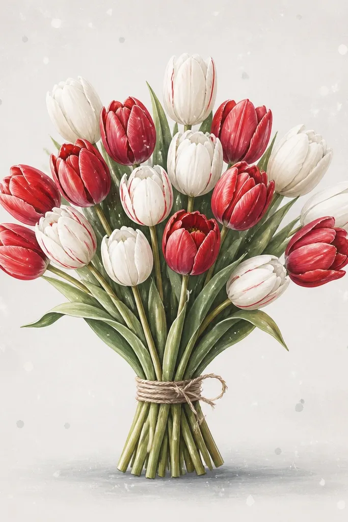 A bouquet of red and white tulips with green stems, drawn on light paper. The background has small white speckles and faint gray snow dots around the bouquet. A soft shadow sits under the stems.