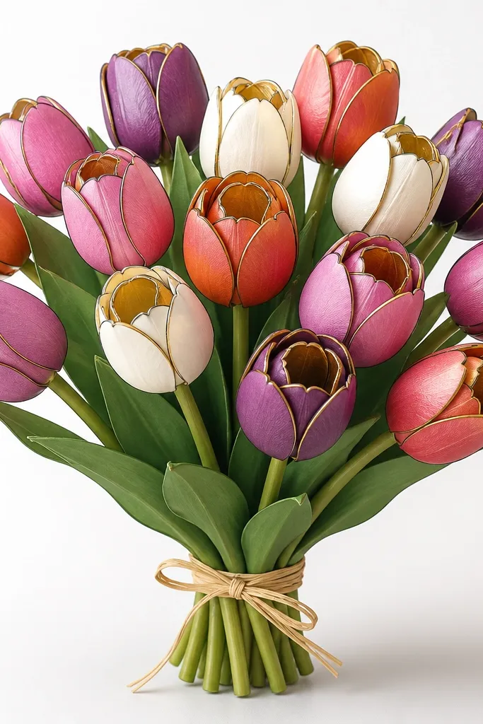 A bouquet of tulips with dark outlines and colored petals. The center folds have a gold shimmer effect, shown as small curved gold patches inside each tulip cup. The background is plain white with a light gray base shadow.