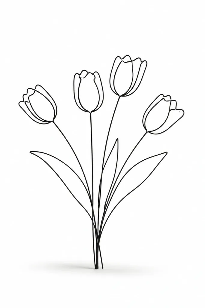 A minimalist bouquet drawn with a few bold outlines. Only 4 tulips are shown, with stems drawn as single lines. Lots of white space surrounds the bouquet, and a faint gray shadow sits below.