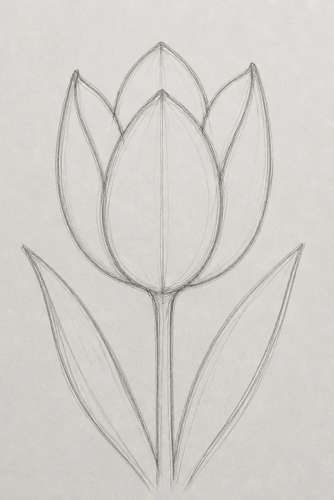 A pencil sketch of a tulip bud viewed straight from above, with a smooth circular rim arc. Six petal shapes form a closed cup, each petal outlined with slightly different curve thickness. A thin center stem line rises under the bud, and soft shading sits inside the petal folds.