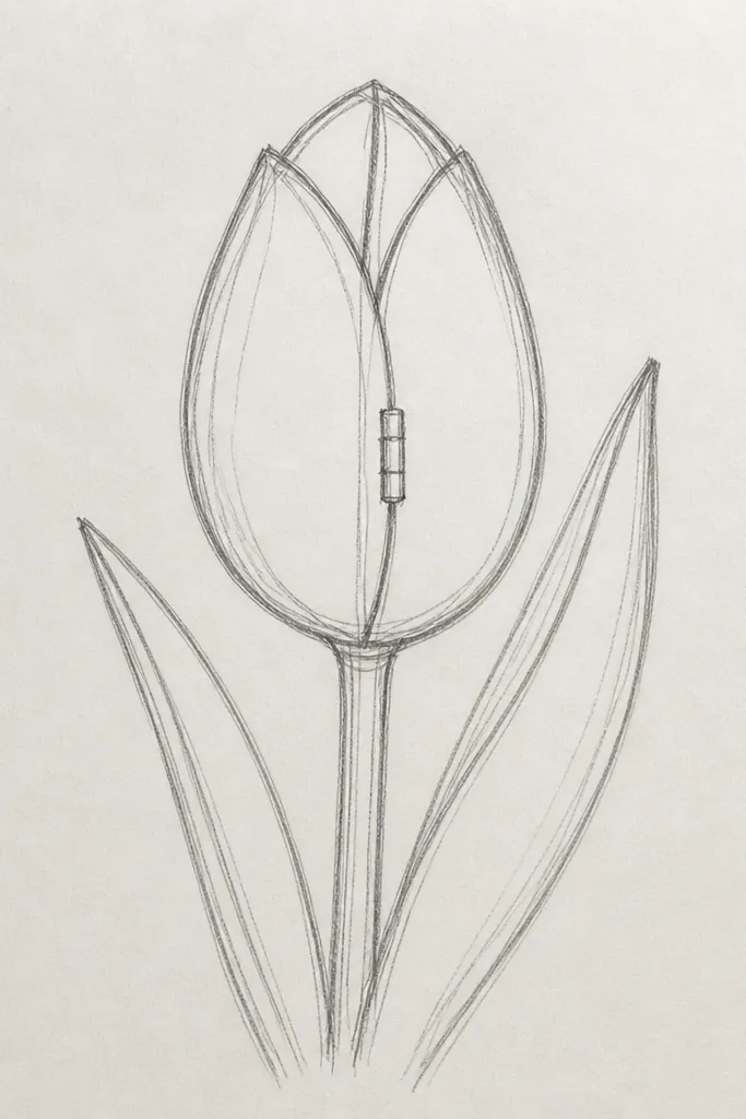 A tulip bud angled to the right, showing a clear hinge where the top petals fold. The outer petal on the right is thicker and darker, while the inner petal on the left shows a tucked edge. The shading is strongest along the inner fold and fades toward the outer rim.