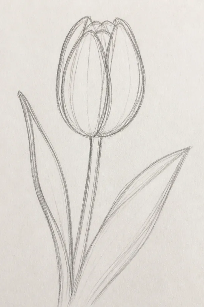 A tulip bud drawn with two outer petals slightly separated, leaving a small curved gap at the top. The inner petals show as thin lines inside the opening. Soft pencil shading highlights the gap edges and the inner fold.