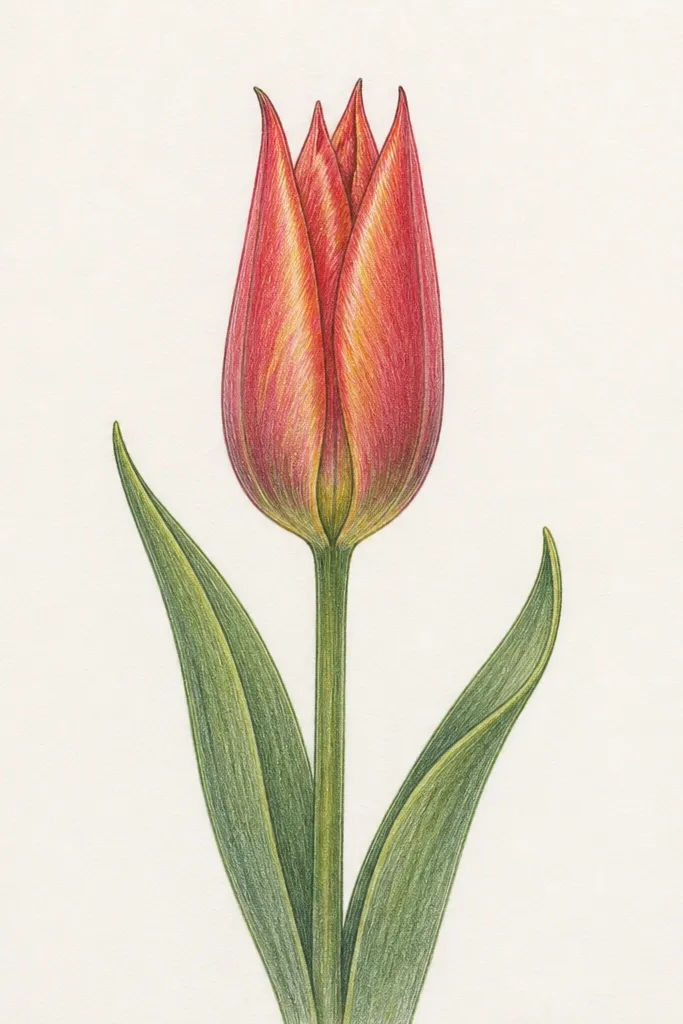 A slender tulip bud stretched vertically, with long pointed petals that meet near the top. The outer edges are darker, and the center area is lighter. A thin stem line extends downward, and shading is concentrated in a narrow strip inside the bud.