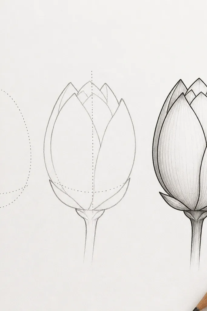 A drawing with light dotted construction lines forming a bud rim arc and a center line. Petals are drawn over the dots, showing where each curve should land. The final ink lines follow the dotted guides, and shading is minimal and clean.