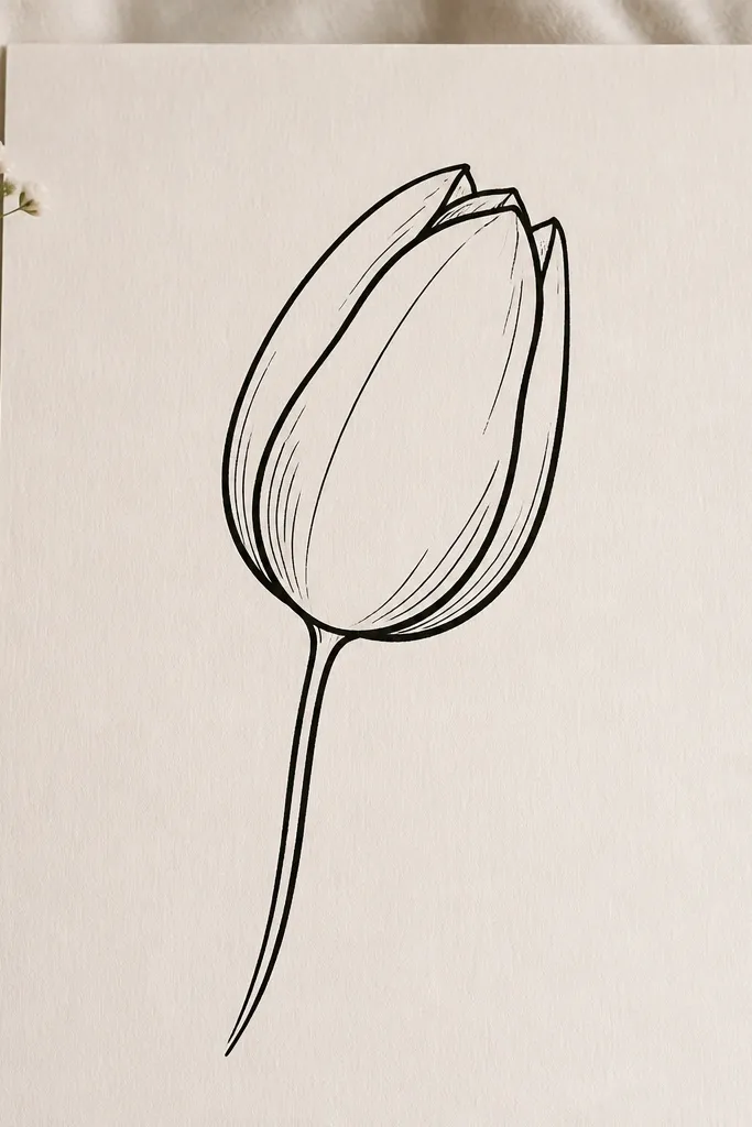 A bold ink drawing of a tulip bud with thick outer outlines and a few thin inner fold lines. The shading is done with two or three short hatching strokes inside the cup. The stem is a clean single line with a slight curve.