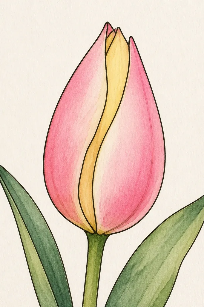 A tulip bud outlined in dark ink with crisp petal edges. Inside the petals are soft watercolor washes: pink on the outer petals and pale yellow in the inner fold. The shading blends smoothly and stays inside the ink lines.