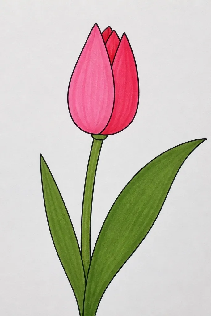 A tulip bud colored with two marker tones. One outer edge is noticeably darker, while the rest of the petal area is lighter. The inner fold has a narrow shadow band and a small white highlight line.